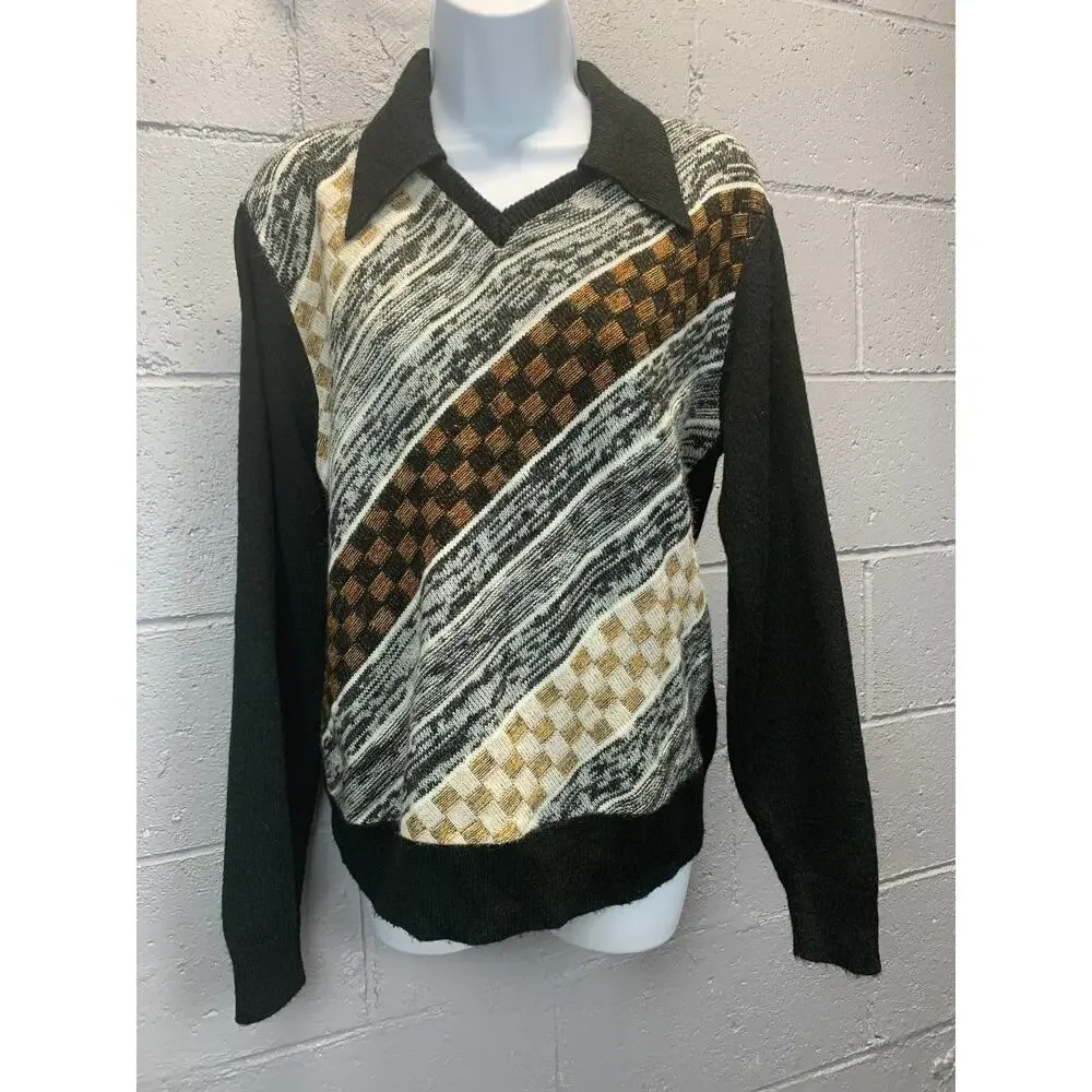 Vintage 1970s Collared Color Block Checkered Sweater V Neck Dagger Collar Unisex